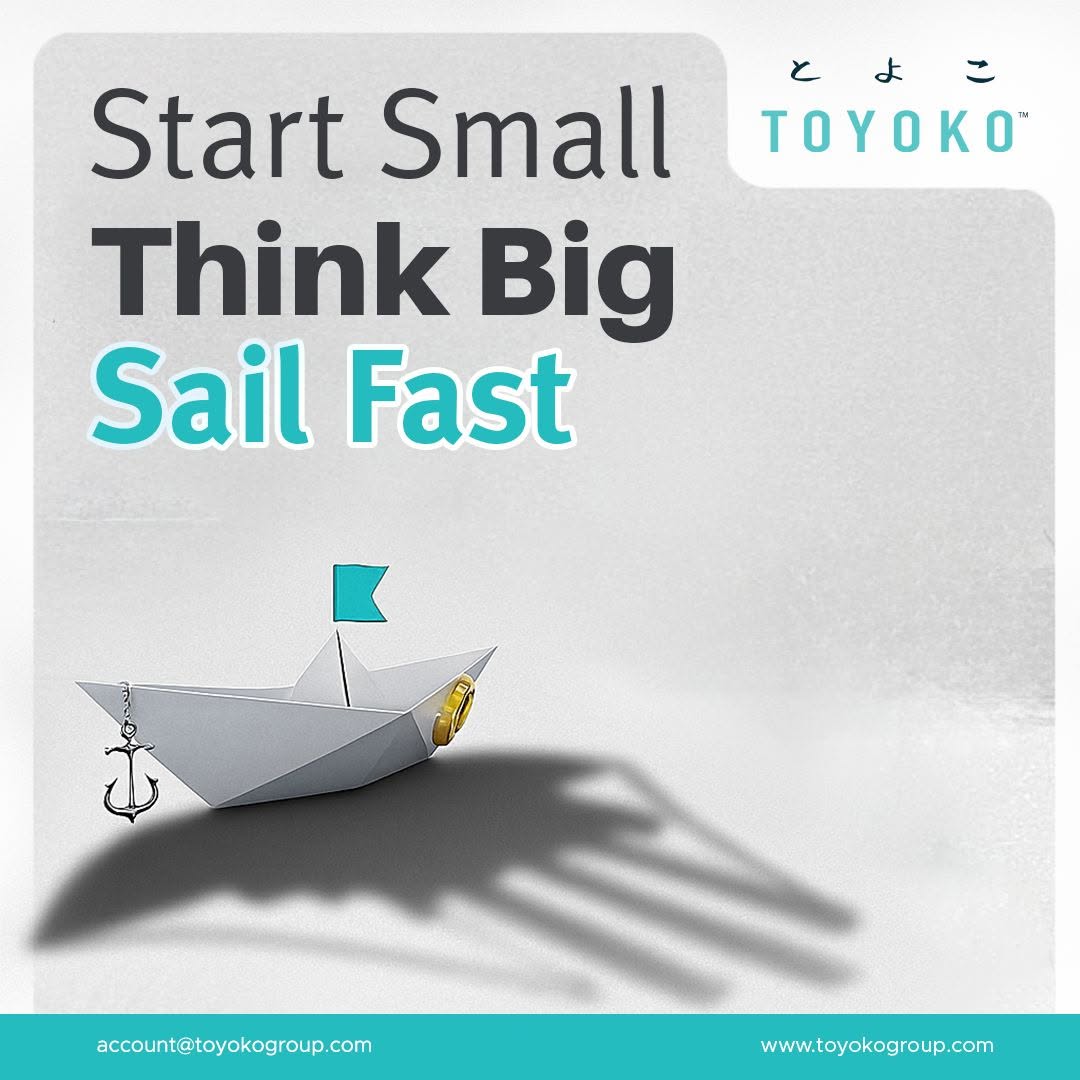 Start small think big sail fast – TOYOKO guides every business growth stage with smart digital marketing strategies (paper boat casting a big ship shadow)